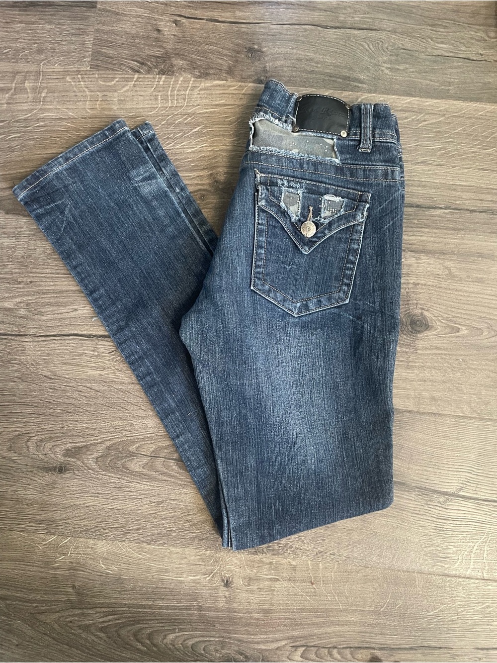 Red Rivet Dark Blue Distressed Pocket Jeans